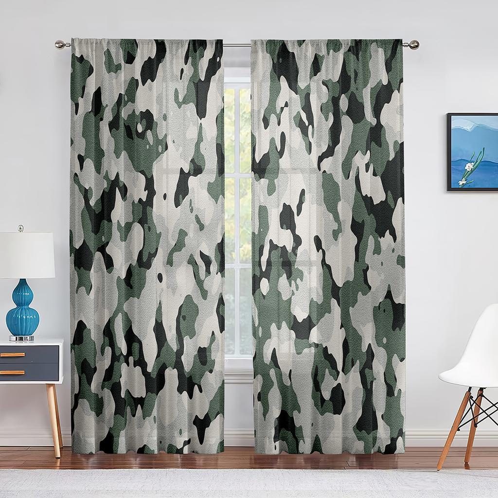 Wojskowy zielony kamuflaż leśny kamuflaż brązowy tiulowe zasłony do salonu kuchnia sypialnia prześwitujące zasłony okienne