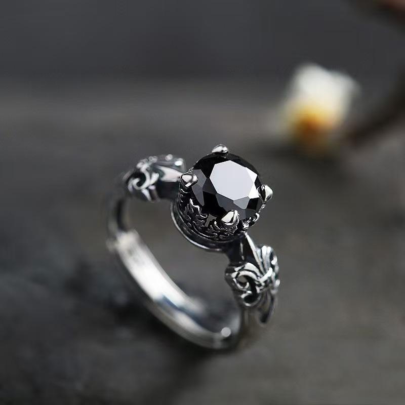 Black agate open ring for men and women, fashionable and trendy, retro style ring ring