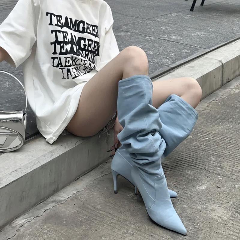 In the Autumn and Winter of 2025, the New Women's Pointed High-heeled Boots, Thin-heeled High Boots, Wide Tube and Large Tube Circumference, Denim S