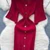 Sommer Damer Elegant V-hals Enkeltspent Strikket Futteral Genser Lang Maxi Fishtail Kjoler