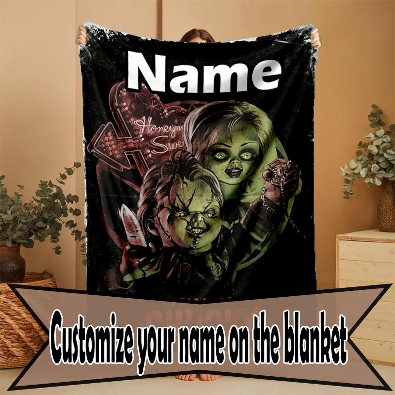 Custom Name Personalized Bride of Chucky Print Blanket, Home Decor, Bedroom, Sofa, Camping, Couch, Gifts for Birthday Christmas
