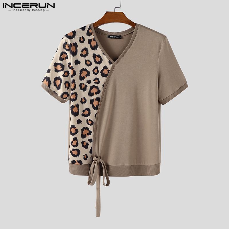 INCERUN Men V Neck Short Sleeve Leopard Patch Bow Knot Casual T-shirts