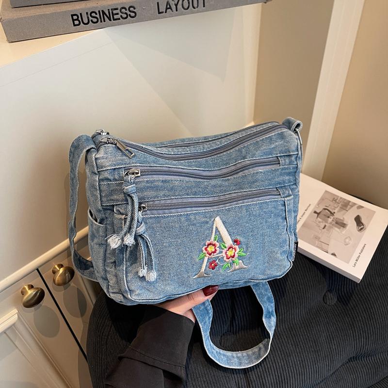 Multi-layer Denim Bag Vintage Shoulder Bag Women's Embroidered Crossbody Bag