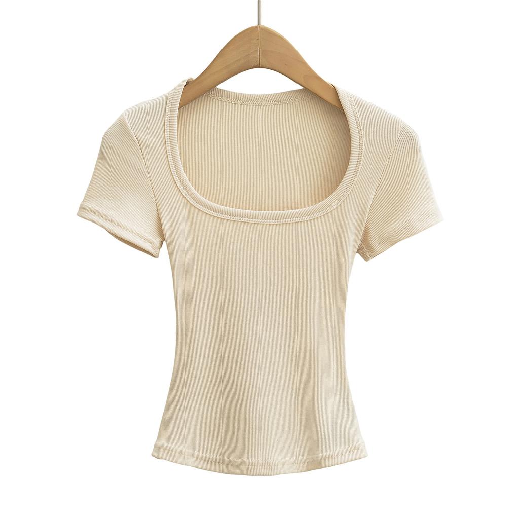 Summer Square Collar High Elastic Crop Top Ladies Short-sleeved Sexy Top Slim Pullover Bottoming Shirt