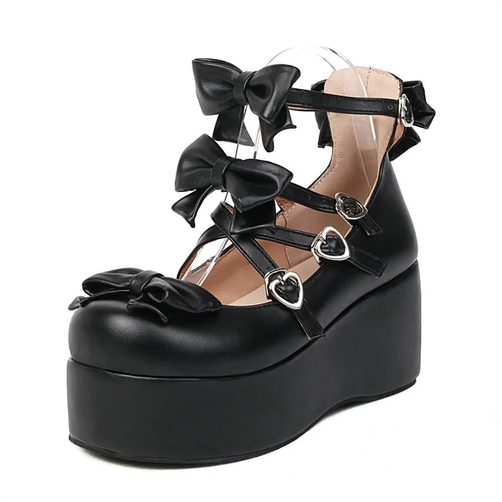 

New Sweet Heart Buckle Wedges Mary Janes Women Pink Bow Cross Strap Chunky Platform Lolita Ladies Punk Gothic Cosplay Girls Shoe 34