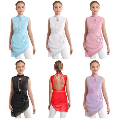 Mädchen Eiskunstlauf Tanzkostüm Ärmellos Rückenfrei Strass-Applikation Asymmetrisches Kleid mit Netzüberzug für Eiswettkampf Performance Bühne