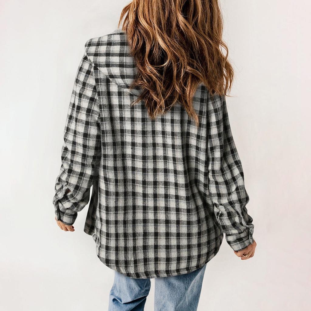 Womens Plaid Shacket Jacket Long Sleeve Button Down Fleece Hooded Jackets Warm Coat