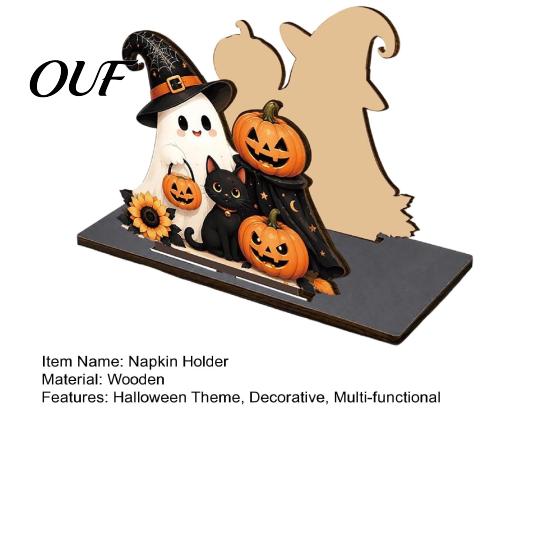 Paper Towel Stand Halloween Wooden Napkin Holder for Table, Ghost Pumpkin Black Cat Standing Holiday Dispenser, Kitchen Dining Table Dispenser