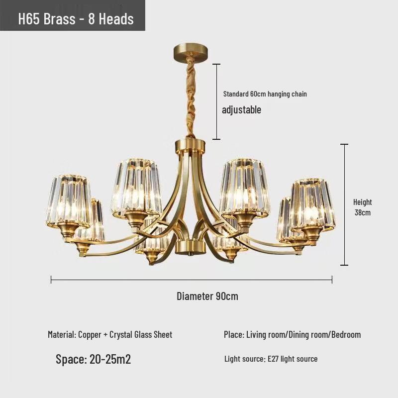 OEING Vintage Copper Crystal 8-Head LED Pendant Light