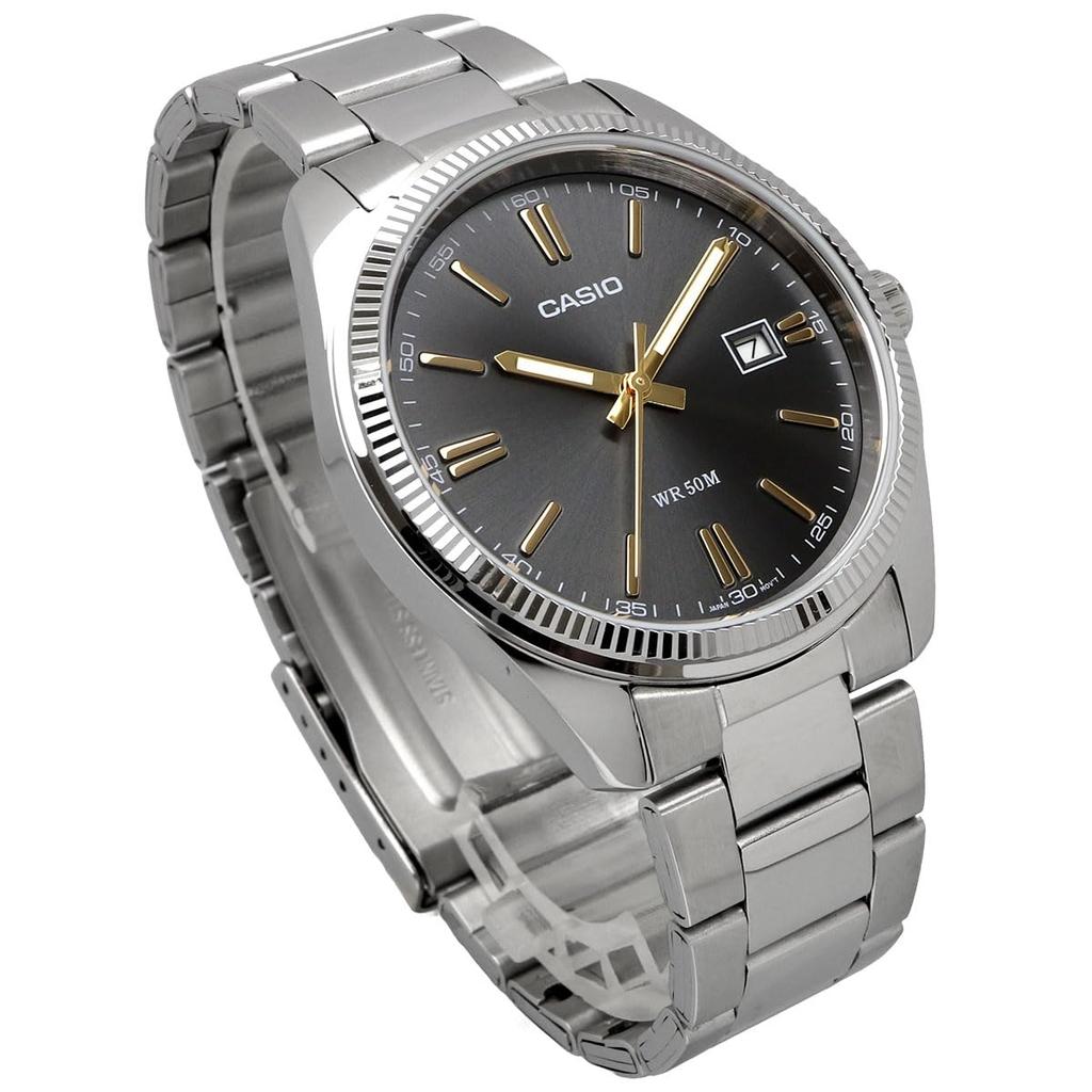 Casio Analog Quartz Men's Wristwatch MTP-1302D-1A2V Metal Band Silver Dark Gray Dial Gold Index