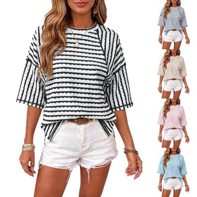 Women's Fashionable, Casual And Versatile Striped Mid-sleeve T-shirt Top