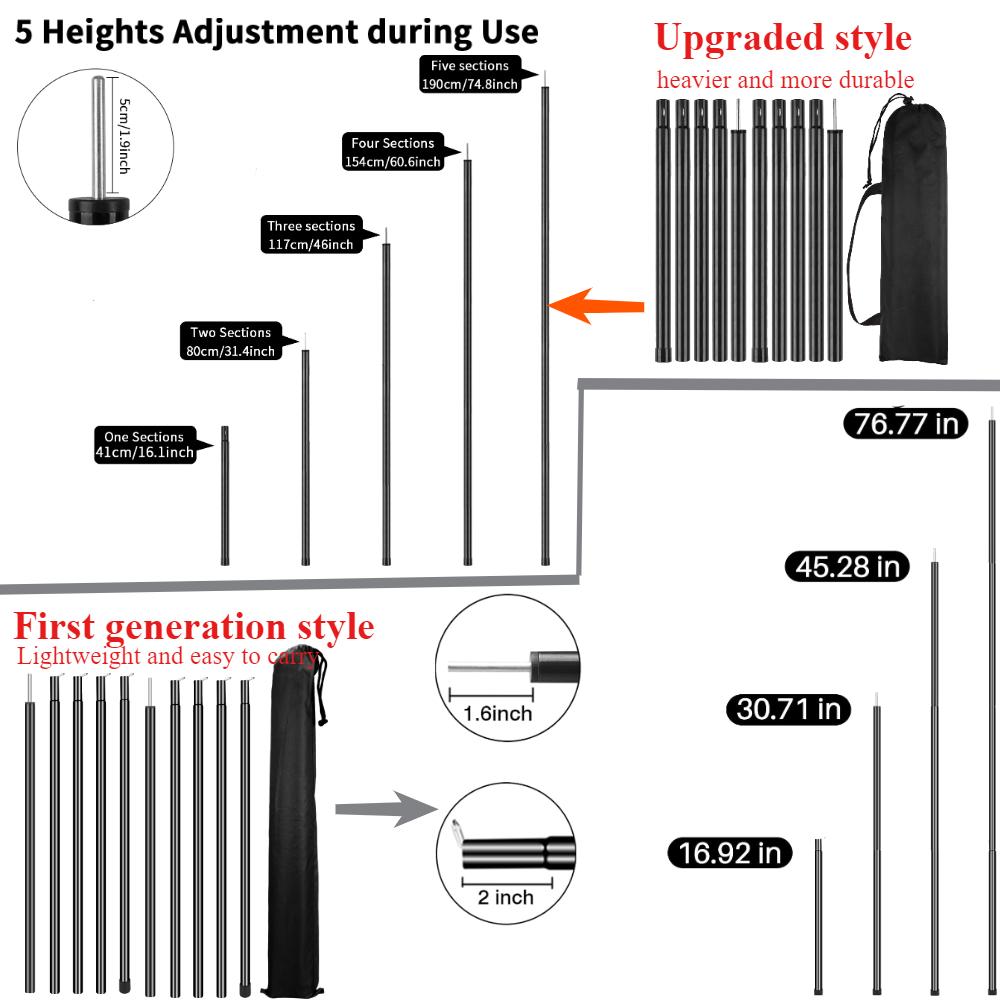 2PC 195CM Awning Poles Strength Aluminum Tent Pole And 4PC Strong Suction Cup Anchor Outdoor Canopy Tent Shade Awning Accessori