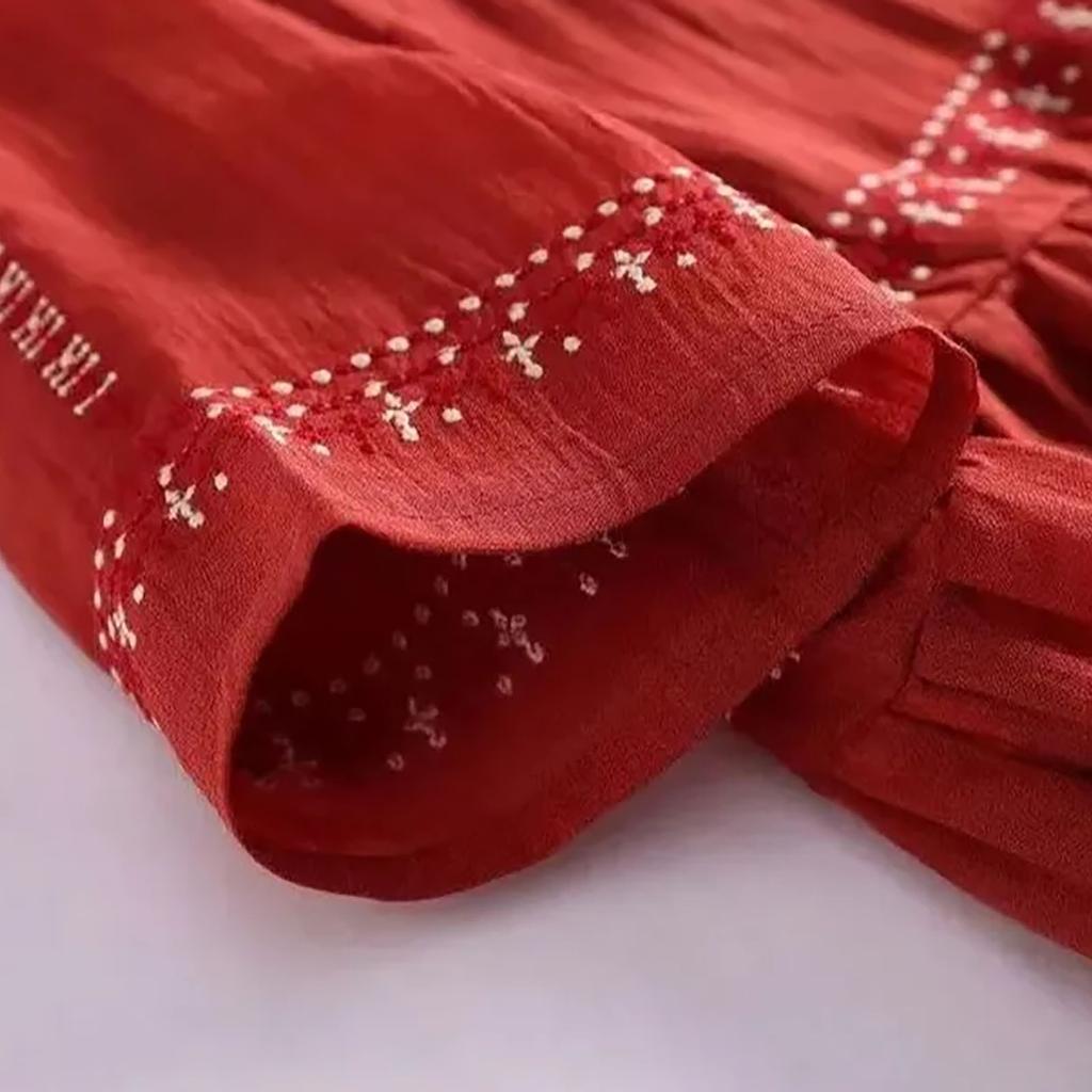 Damen-Kleid mit kurzen Ärmeln, einfarbig, Retro-Stickerei mit französischer Stickerei