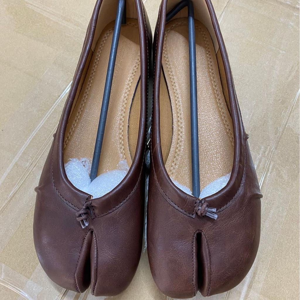 New Cowhide M6 Pleated Ballet Shoes Tab Split Toe Single Shoes Pig Trotters One Pedal Shallow Mouth Niche Style Women