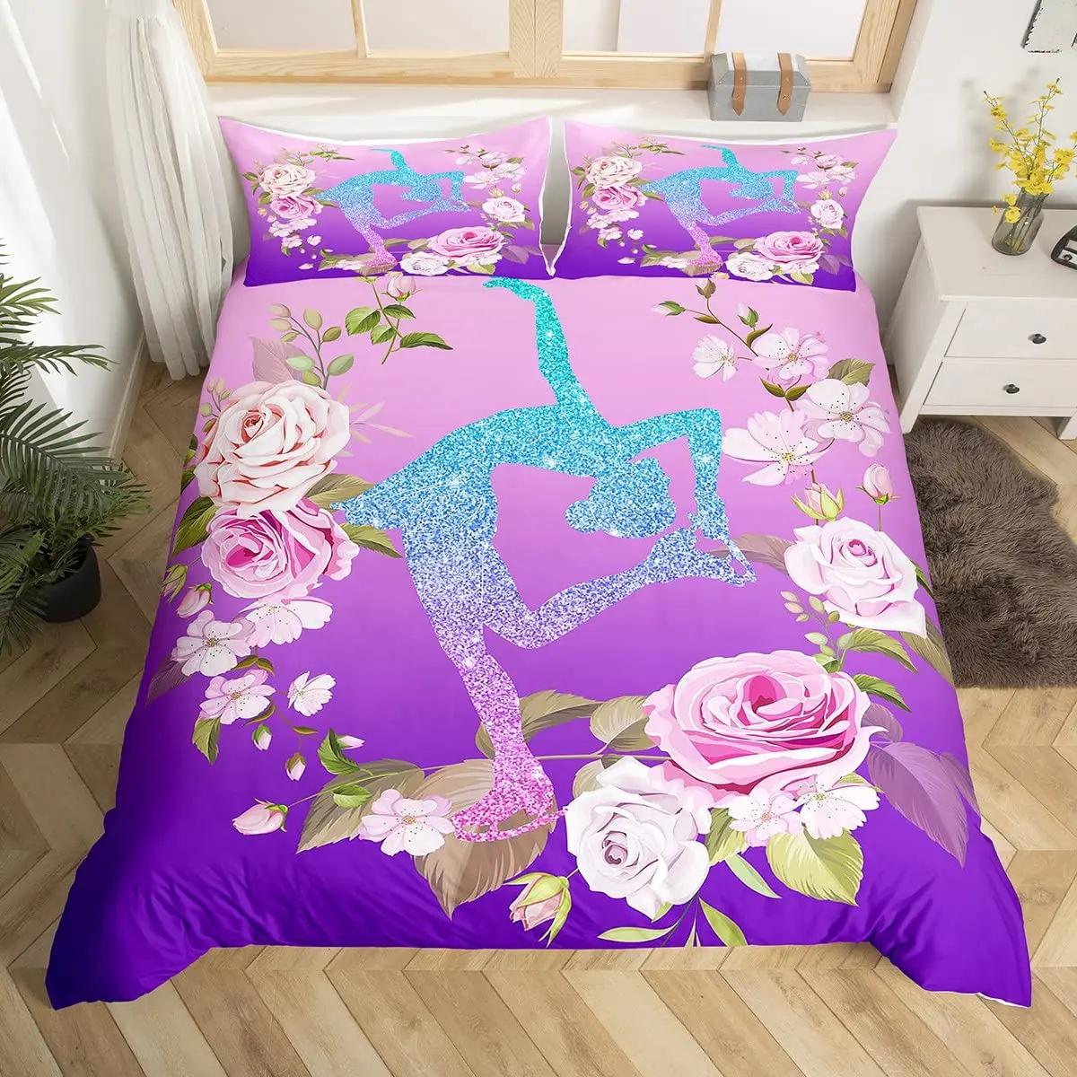 Lodestar Unisex Gymnastics Dance Lovers Duvet Cover King,Watercolor Butterfly Star Sky Bedding Set 3Pcs,Silhouette Rainbow Graffiti Quilt Cover