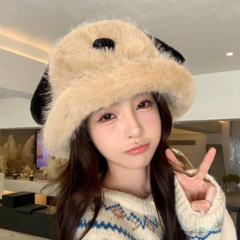 Women Students Cute Plush Dog Long Ear Bucket Hat Autumn Winter Warm Windproof