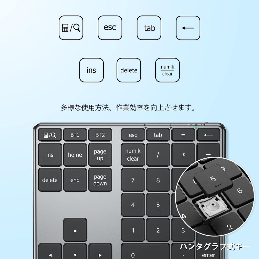 iClever KP10 Numeric Keypad, Bluetooth 5.1, Multi-Pairing, Metal Construction, Numlock Link, Connects Up to Two Devices, Type-C Rechargeable,