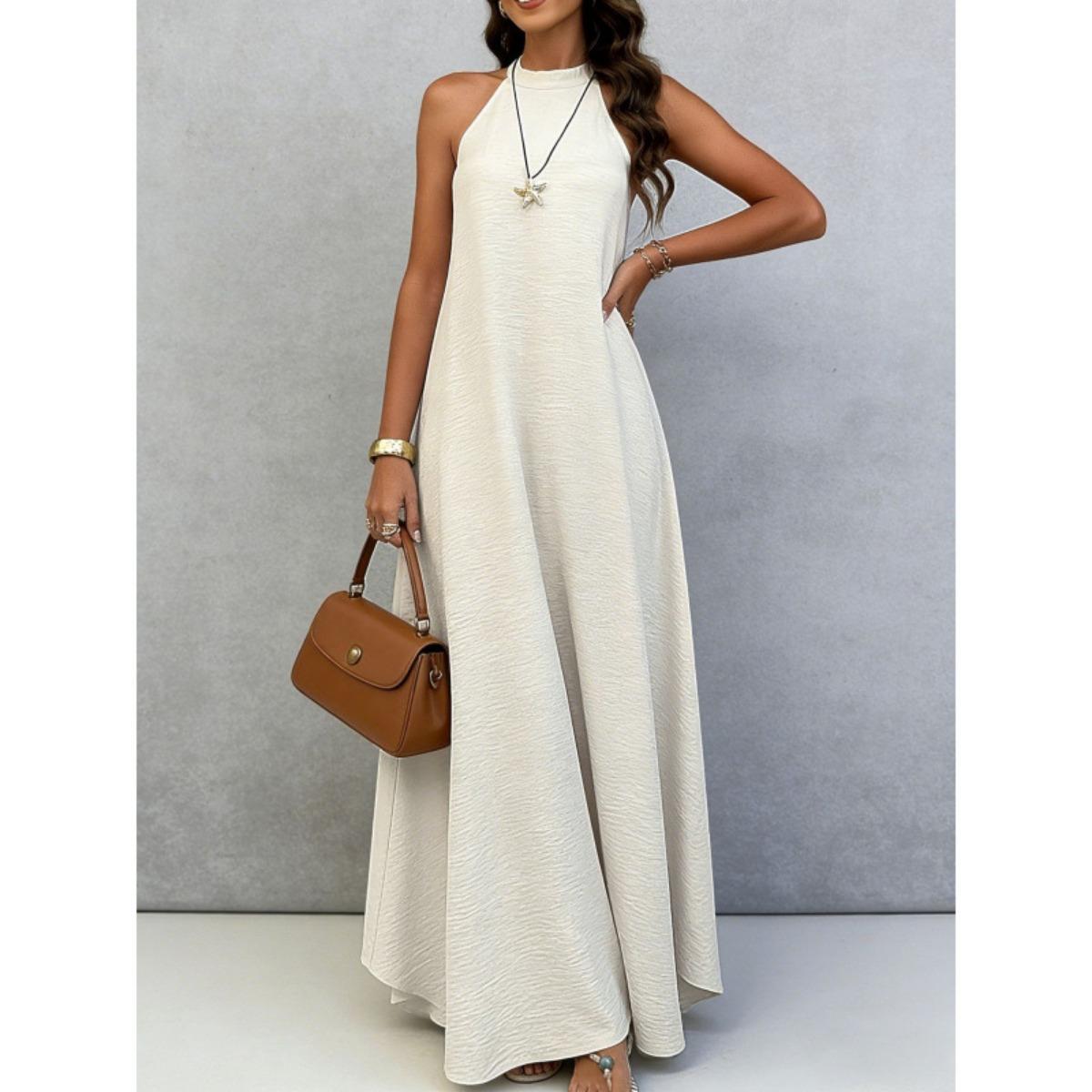 Summer Women s Ice Silk Wrinkle Loose Plus Size Sleeveless Solid Color Long Maxi Dress Vacation Beach Dress S