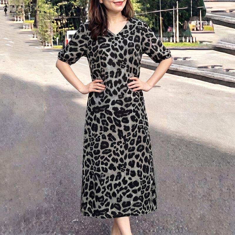 ZANZEA Women Casual V-Neck Loose Half Sleeve Leopard Print Dress