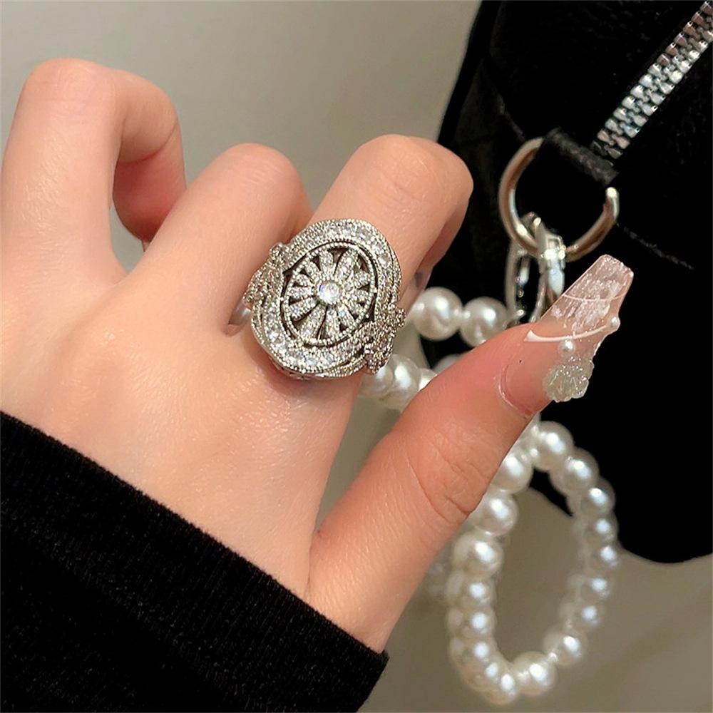 Temperament Heavy Industry Diamond-encrusted Zircon Flower Ring s925 Sterling Silver Light Luxury Medium Antique Exquisite Index Finger Ring