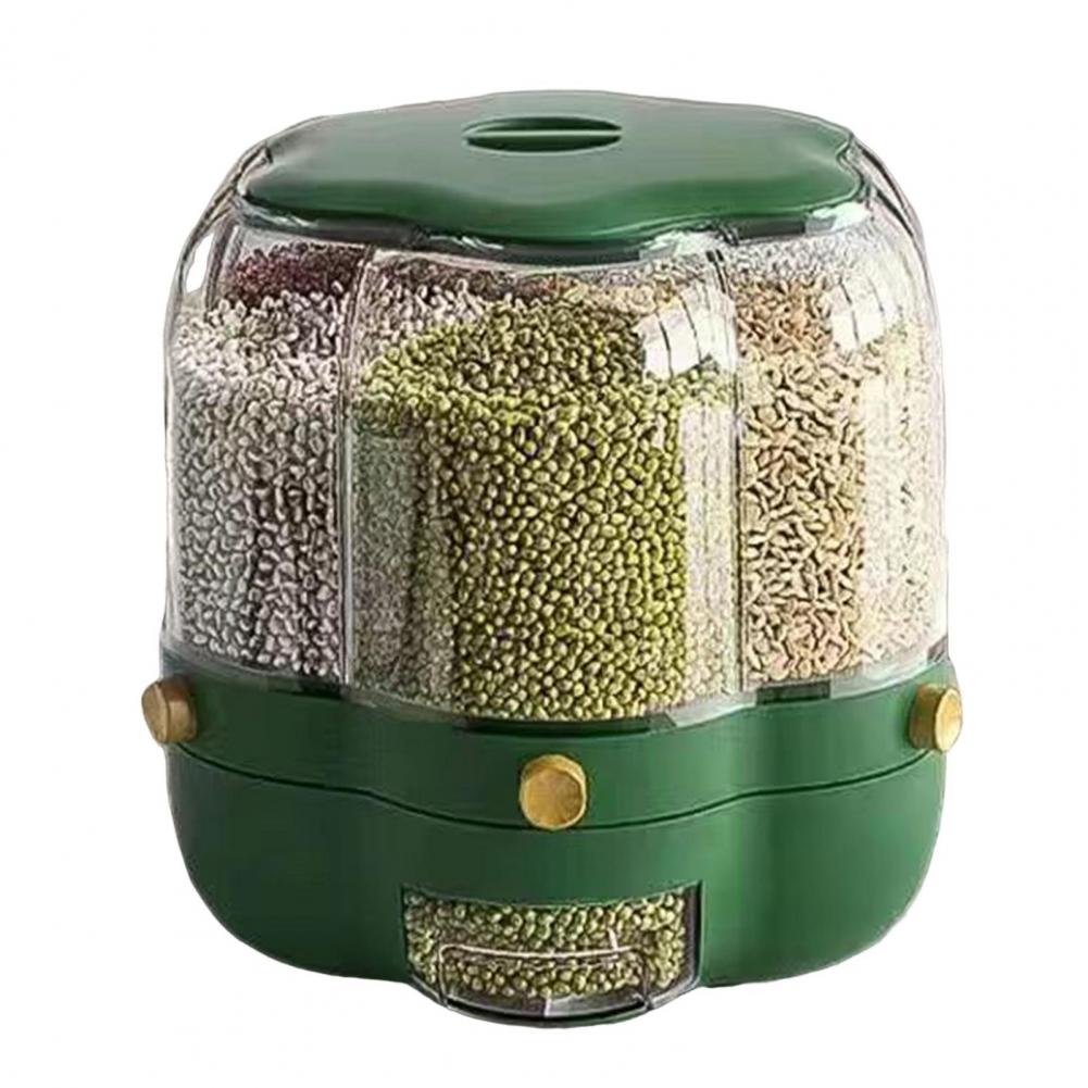Rotating Grain Storage Bin Large Capacity 6 Grids Moisture-Proof Transparent Rice Distributor Beans Cereal Dispenser Bucket