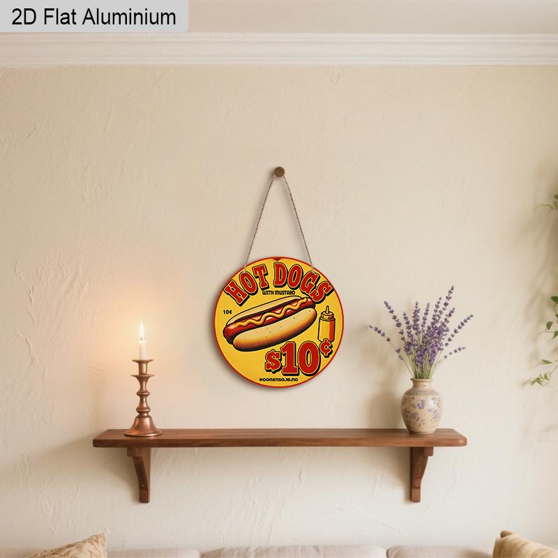 2D Flaches Aluminium Vintage Retro Hot Dog Metallschild, Runde Hängende Plakette, Klassische Fast Food Wandkunst Dekoration für Küche Diner Restaurant Café Grill