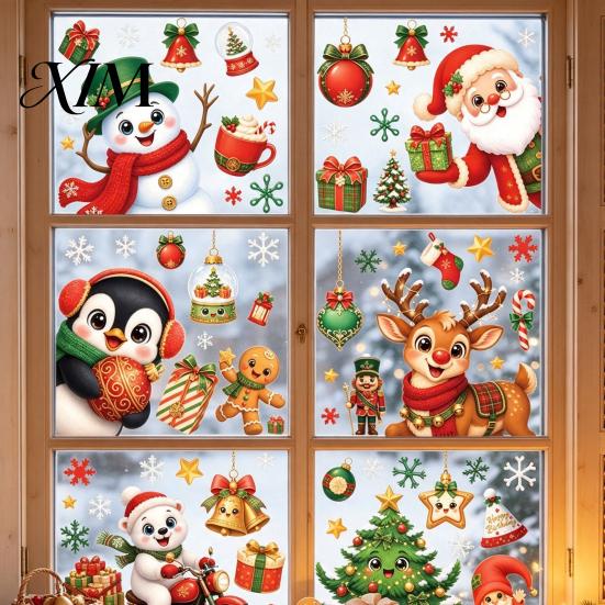 Easy Paste Window Decorations 6Pcs Christmas Cling, Santa Snowman Penguin Reindeer Static Glass Removable Holiday Decals for Storefront, No