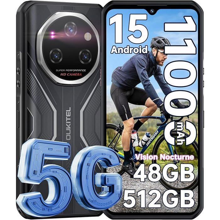 OUKITEL WP55 Pro 5G Smartphone Incassable 48Go+512Go/2To 108+32MP 11000mAh 120Hz 6.6" FHD+ Téléphone Android 15 Dual SIM/NFC Noir