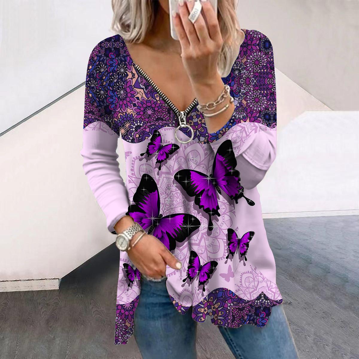 

Женские осенние яркие бабочки с длинным рукавом, свободные футболки с V-образным вырезом, большие размеры, удобные блузки L фиолетовый