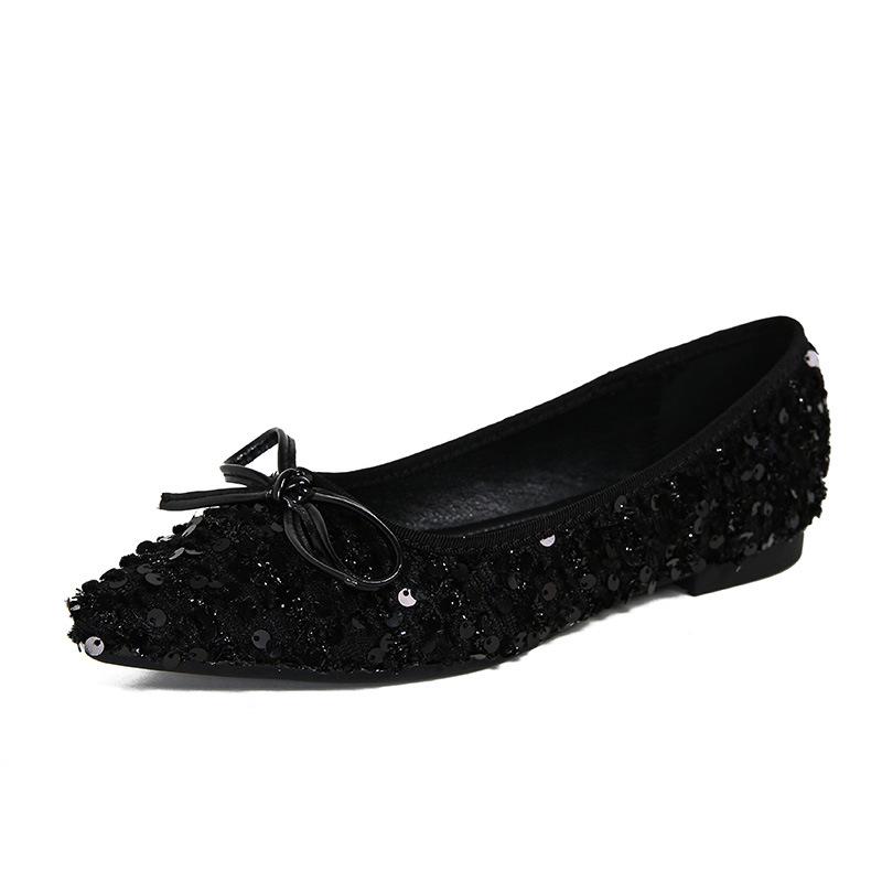 B62025 Spring Sparkling Sequins Delicate Small Pointed Head Shallow Mouth Soft Sole Dating Bow Single Shoes Women
