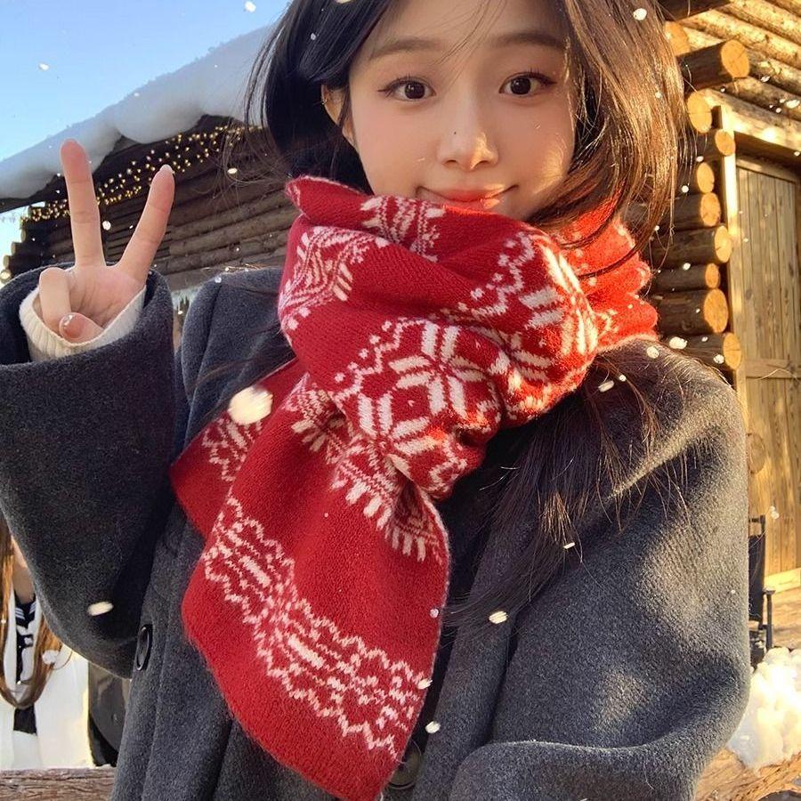 New 'S Christmas Red Knitted Scarf Women'S New Winter Atmosphere Containing Wool Thickened Warm Scarf