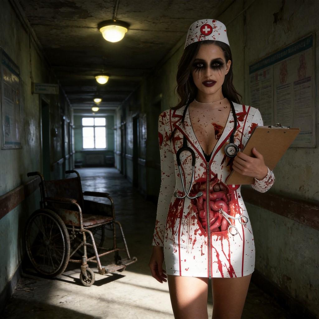 Halloween Nurse Costume Dress With Printed Pattern For Cosplay Parties