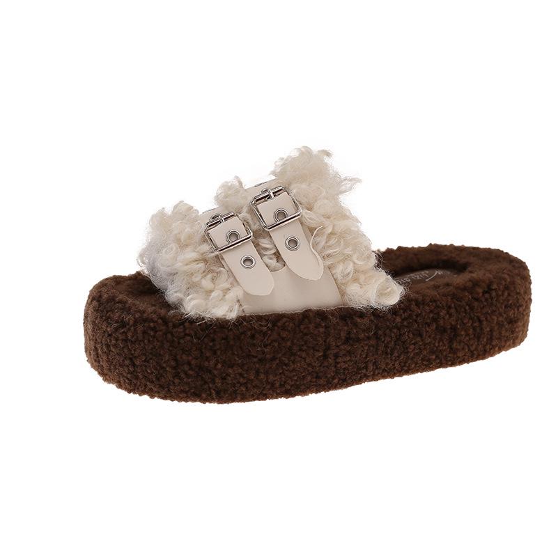 2025 Autumn/Winter Women's Furry Thick Sole Warm Slippers with One Strap and Belt Buckle