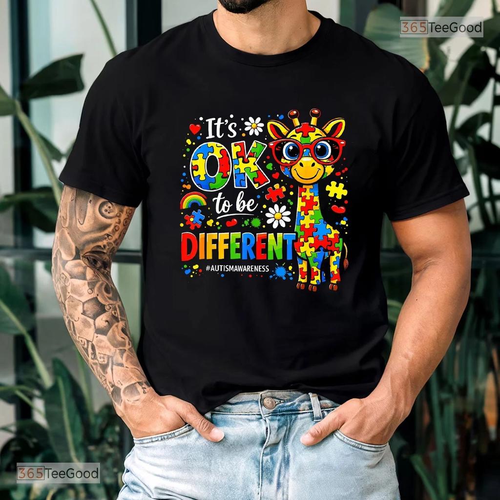 Its Ok To Be Different Autism Tee - Cute Autism Awareness Giraffe Shirt Kids