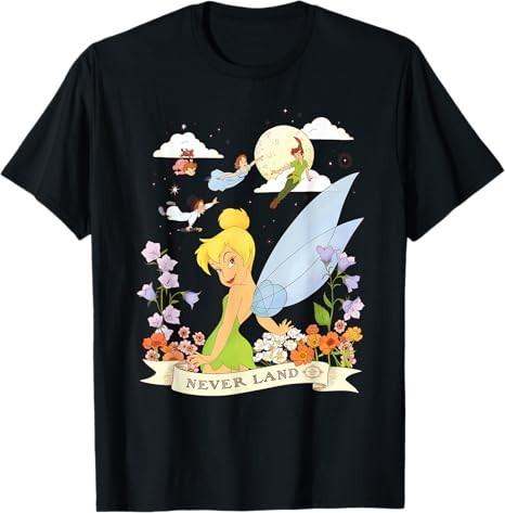 Peter Pan Tinker Bell Never Land Flowers And Flight Black TShirt S