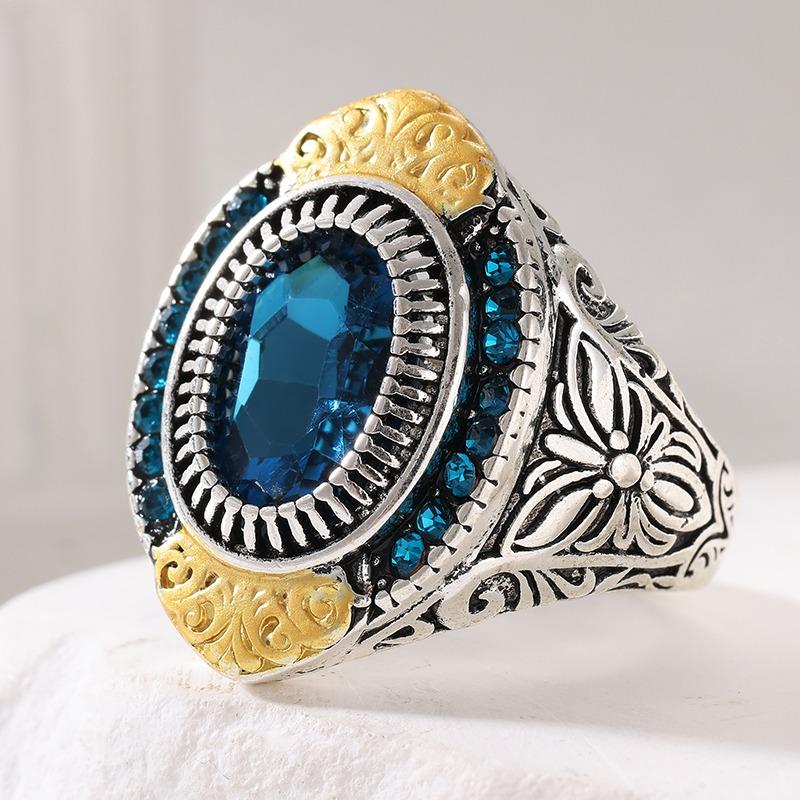 Vintage Inlaid Blue CZ Women's Ring Ethnic Two Color Hand Carving Daily Wear Party Jewelry Anniversary Gift