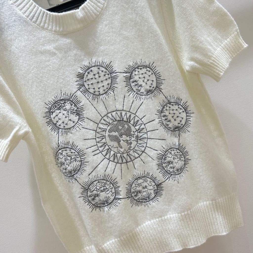 Women's White Embroidered Round Neck Pullover Sweater - Elegant 2025 Knitted Top