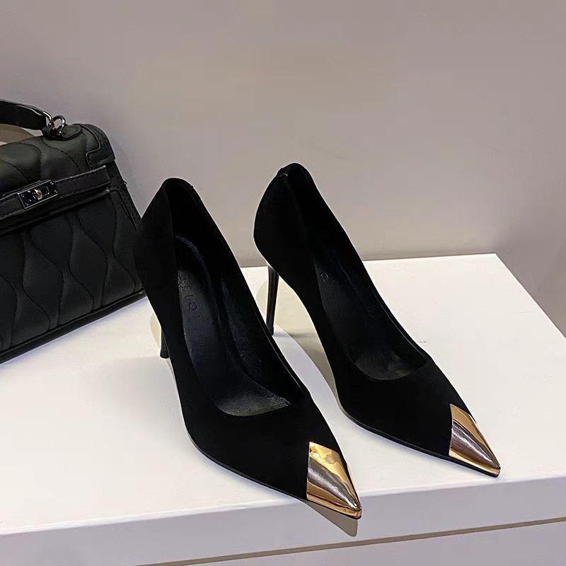 Large size 2025 black patent leather sexy spring new pointed women's metal head high heels temperament stiletto shoes