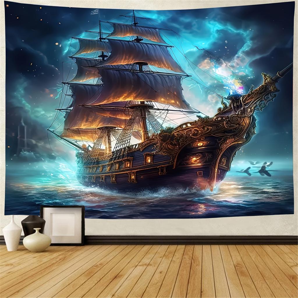 Enchanting Pirate Ship And Ocean Scene Tapestry Coastal Home Decoration Bedroom Living Room Decoration