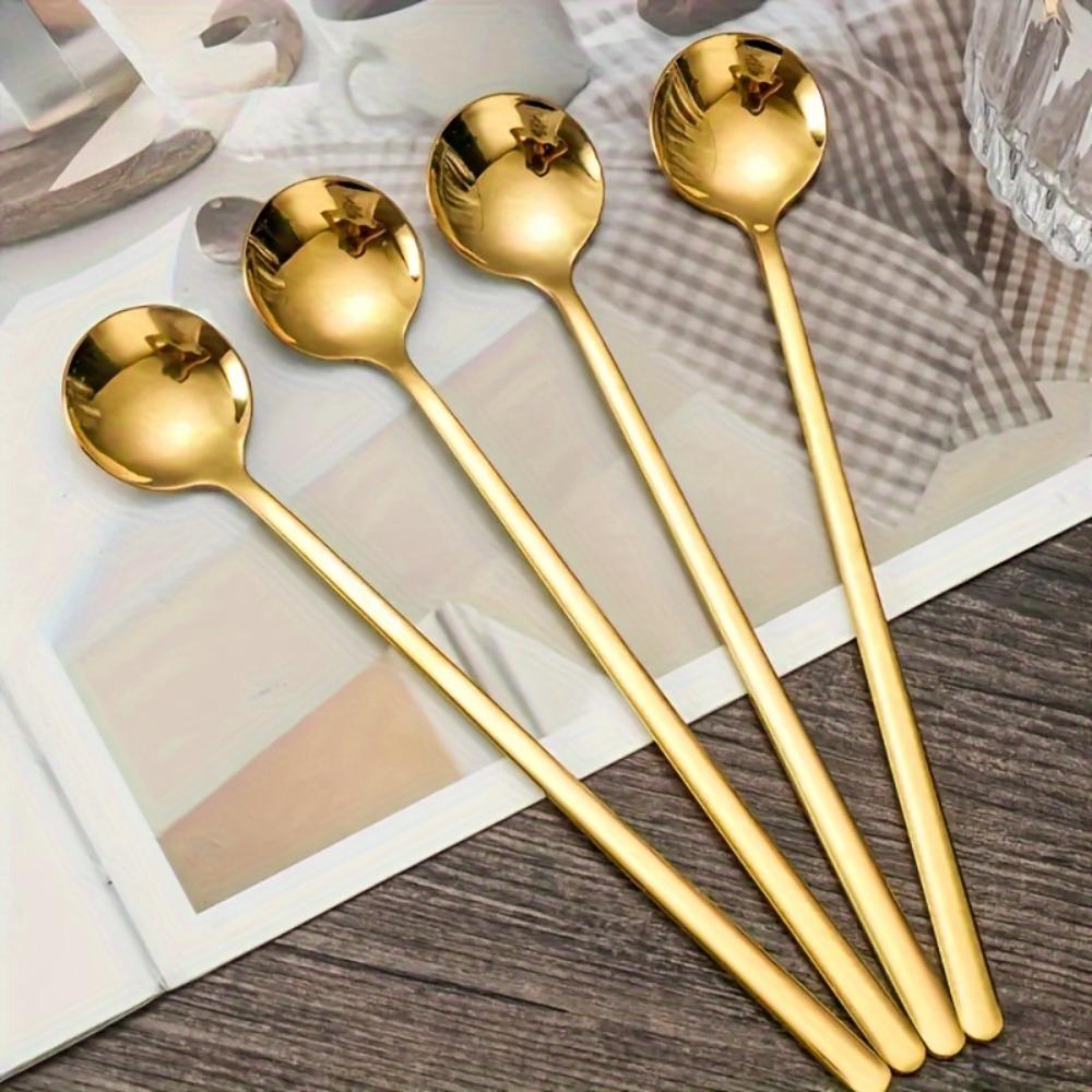 2/4/6pcs Stainless Steel Golden Long Handle Coffee & Dessert Spoons Set, Round Tea Stirring Spoons for Home, Restaurant, and Party Use,