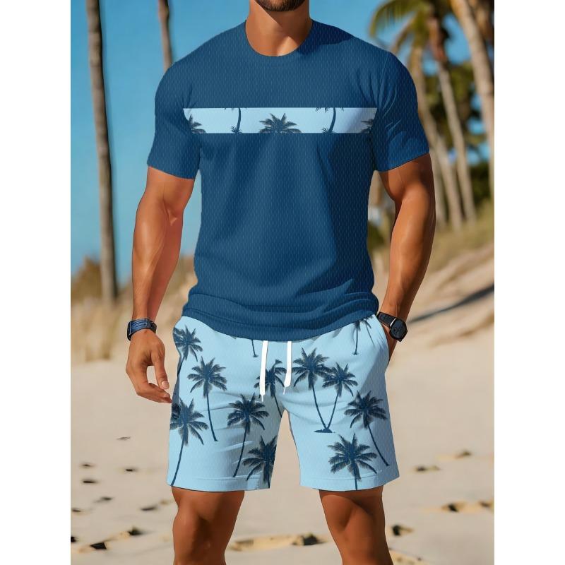 Men's Casual Sportswear Set, Breathable Outdoor Leisure Round Neck T-Shirt and Shorts Set, Summer Digital Print Set for Adults