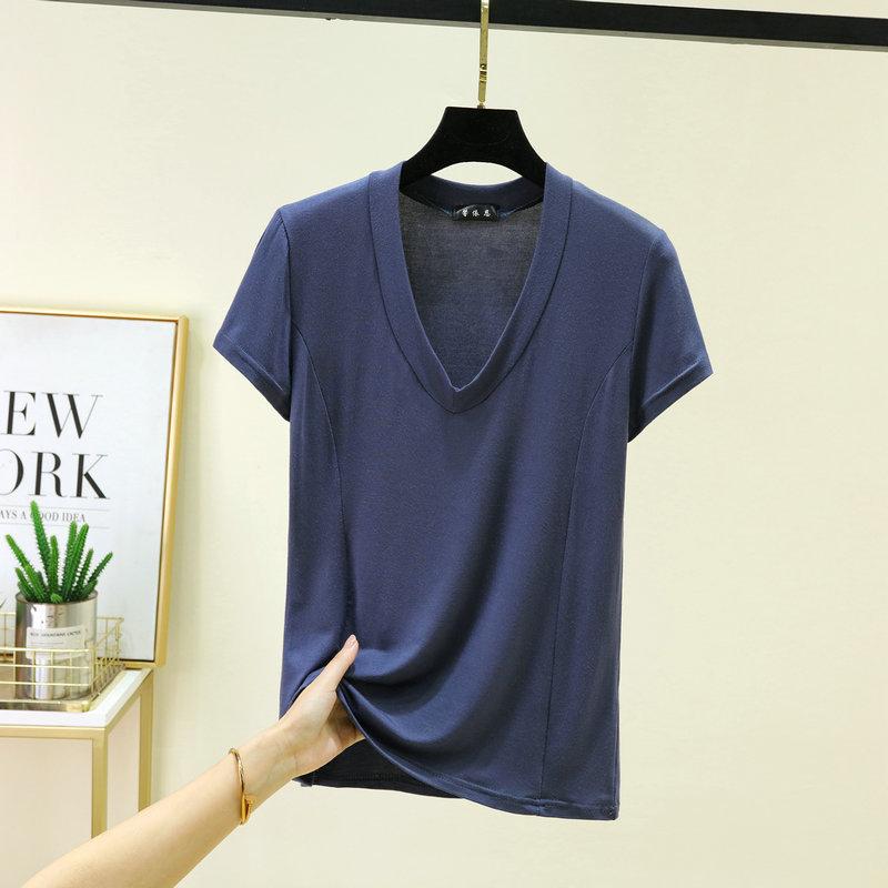 Plus size L to 6XL Modal V-Neck T-shirt Short sleeved Tees Women Ultra-thin Layering Top solid color base layer tops