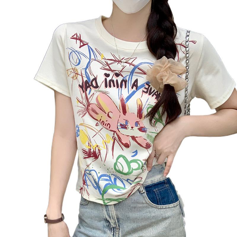 European Round Neck Graffiti Printed Letter Short-sleeved T-shirt Women's Summer New Slim and Thin Versatile Top Trendy