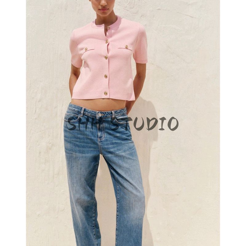 Summer New Product Women's Clothes Classic Style Round Neck Short Sleeve Minimalist Fashion All-Match Short Knitting Outwear 1822022