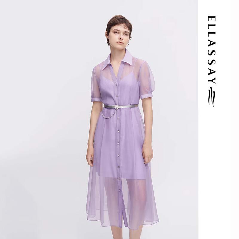 ELLASSAY Women's Wisteria Purple Wrinkled Mesh Shirtdress