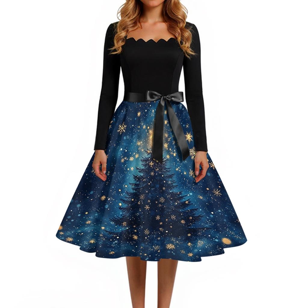 Women's Casual Retro Square Neck Dress with Halloween Print for Party and Daily Wear