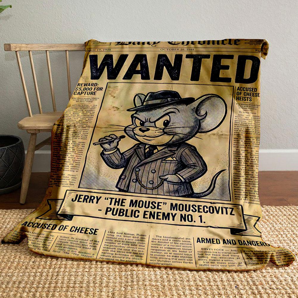 A "WANTED" poster featuring a cartoon mouse in a suit and hat. for all seasons blanket lunch break throw gift