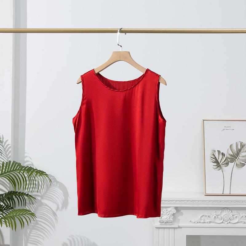 

Женская шелковая майка без рукавов - Тутовый шелк, Круглый вырез, Однотонная, Простой стиль Medium красный