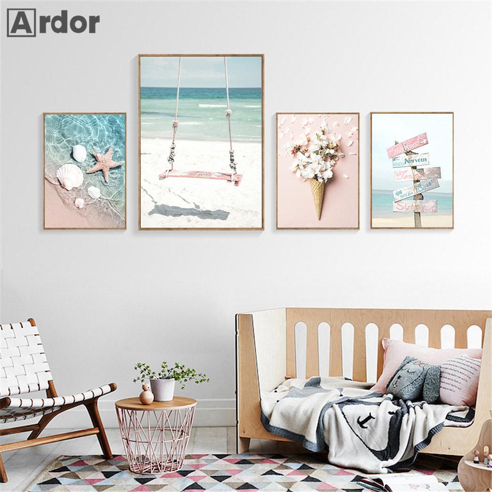 Flower Pineapple Wall Art Canvas Painting Beach Sea Starfish Shell Poster Landscape Print Nordic Wall Pictures Living Room Decor