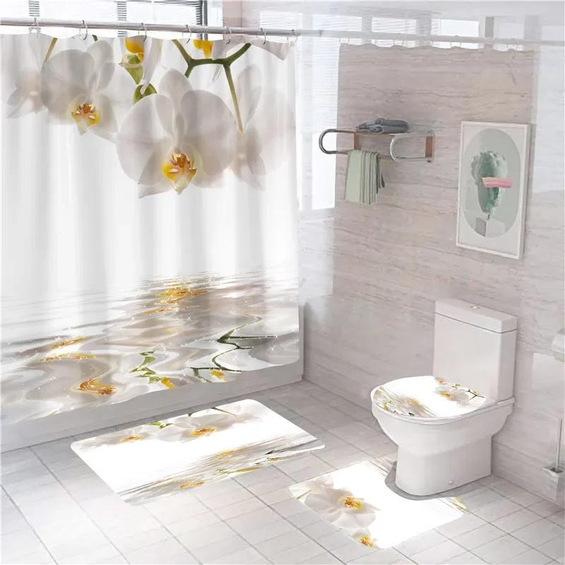 Elegant Blue Flower Shower Curtain Set Waterproof Bathtub Curtains Non-Slip Rugs Bath Mat Toilet Lid Cover Bathroom Set Decor
